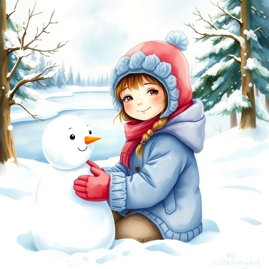 Whimsical Winter Scene: Adorable Eskimo Girl Builds Snowman