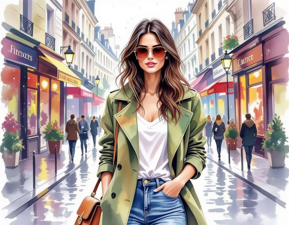 Stylish Woman in Paris: Messy Watercolor Art
