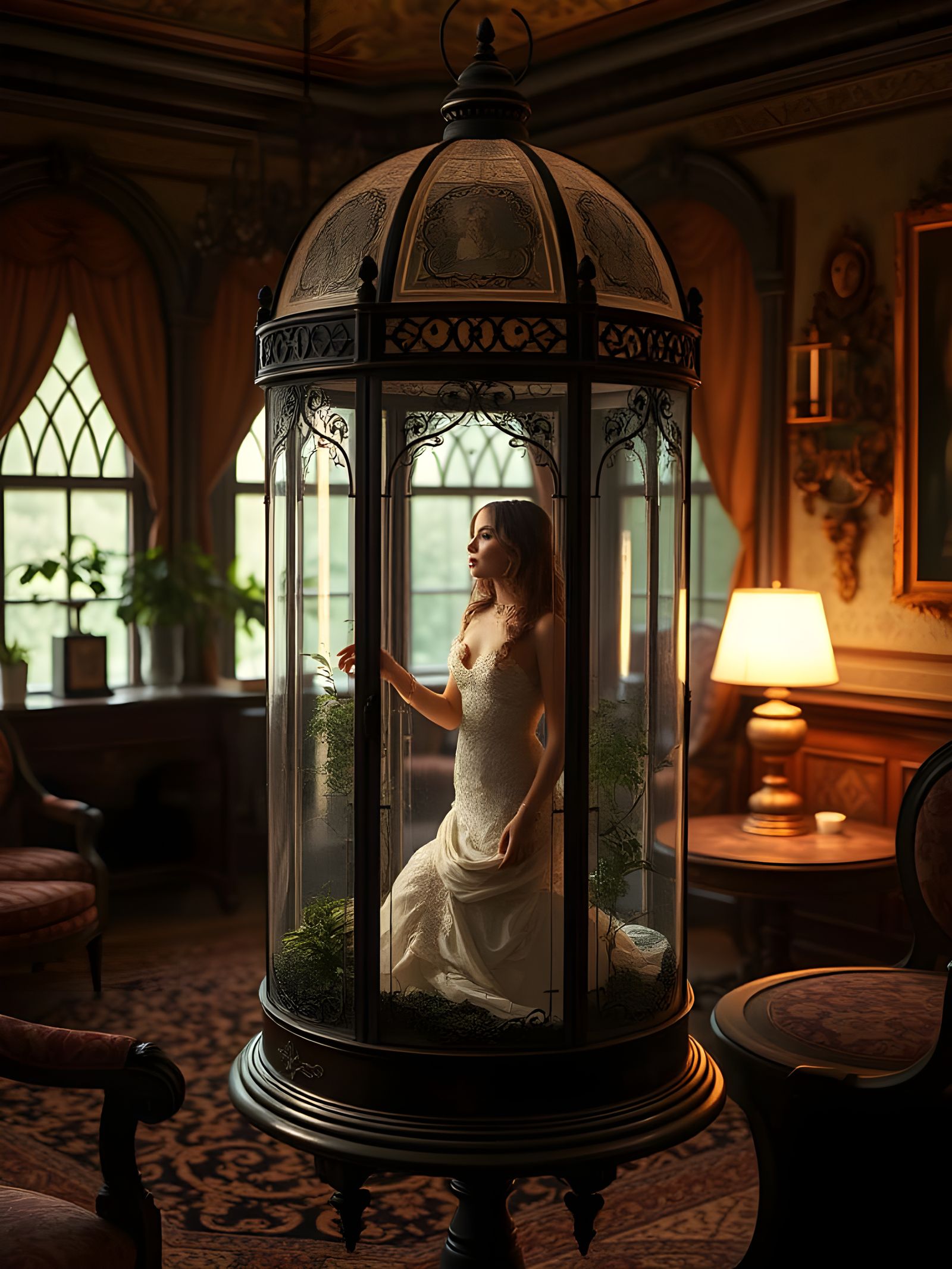 Victorian Woman in Glass Terrarium