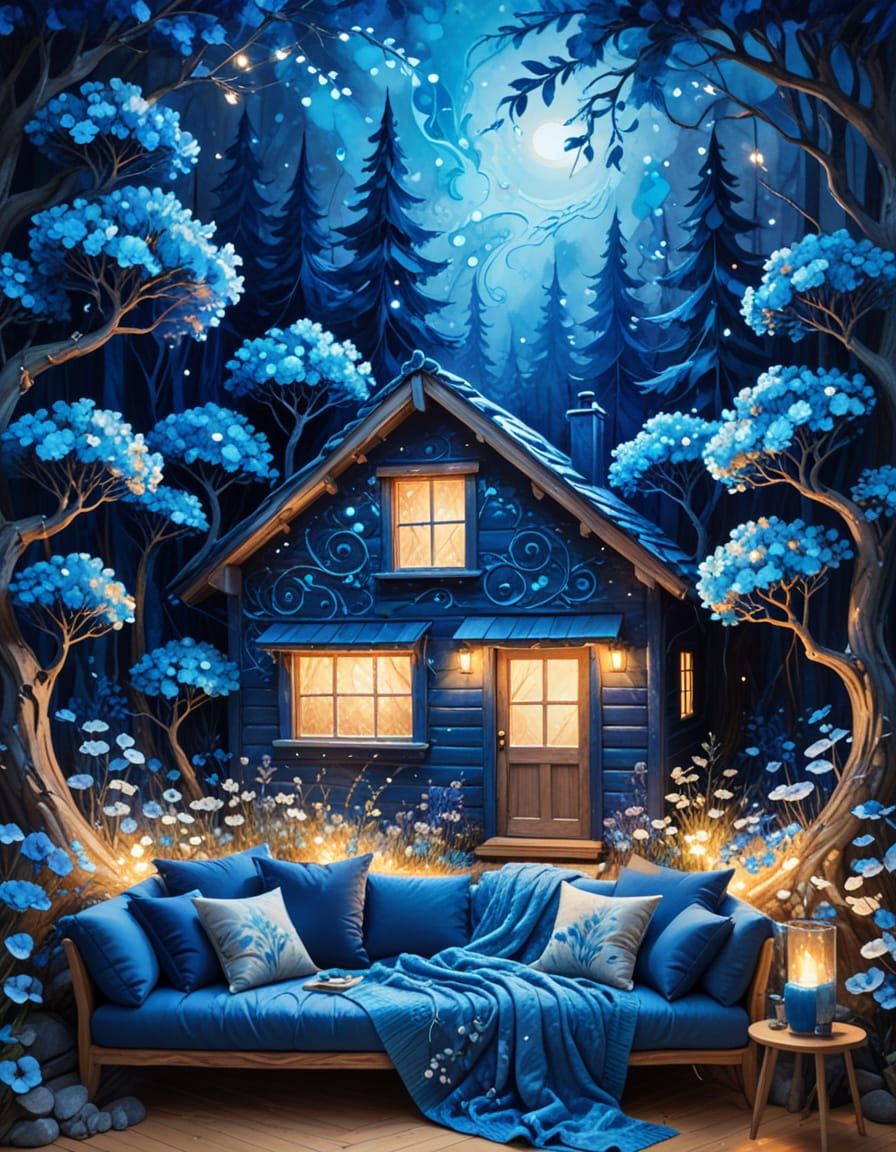 Cozy Blue Cabin with Abstract Sapphire Flowers