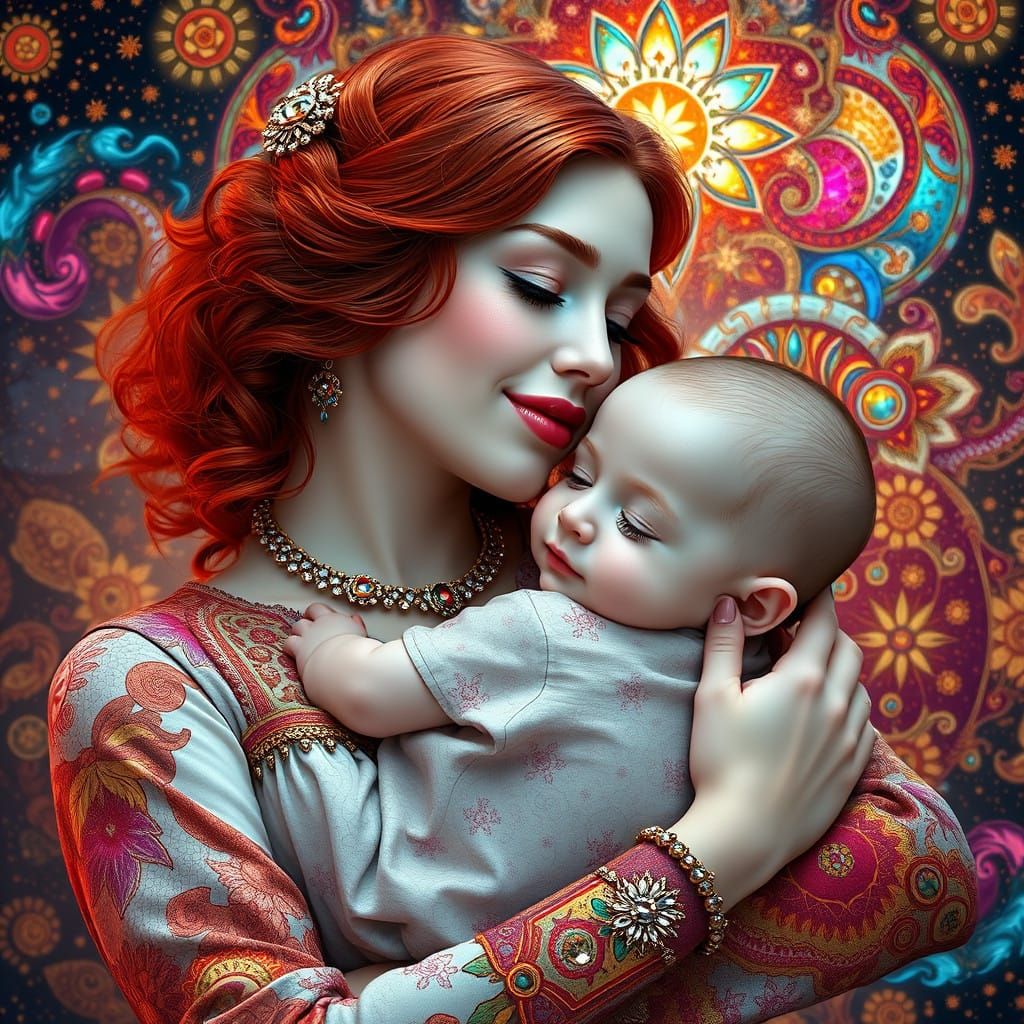 Hyperrealistic Mother and Child in Vibrant, Futuristic Attir...
