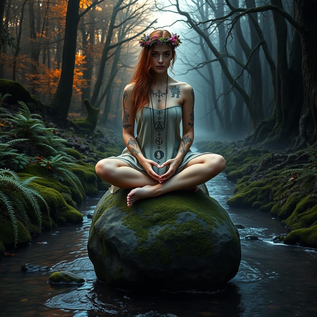 Slavic Woman on Forest Altar: Digital Photograph