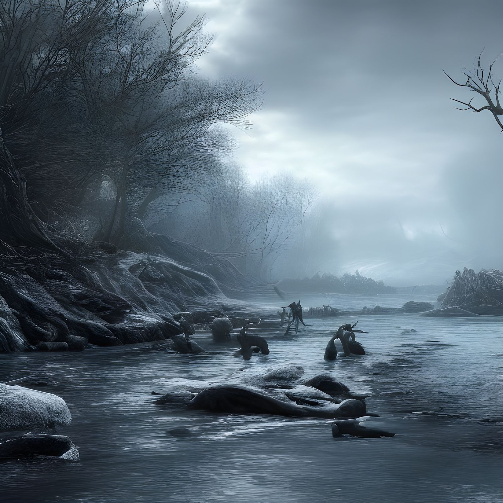 Photorealistic Acheron River of Dead Souls
