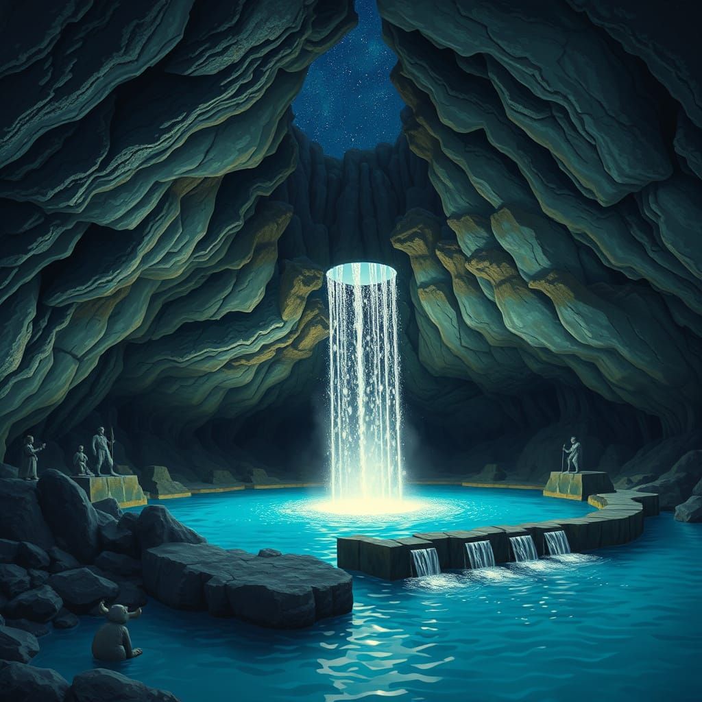 Celestial Beings Gather Around a Shimmering Fountain