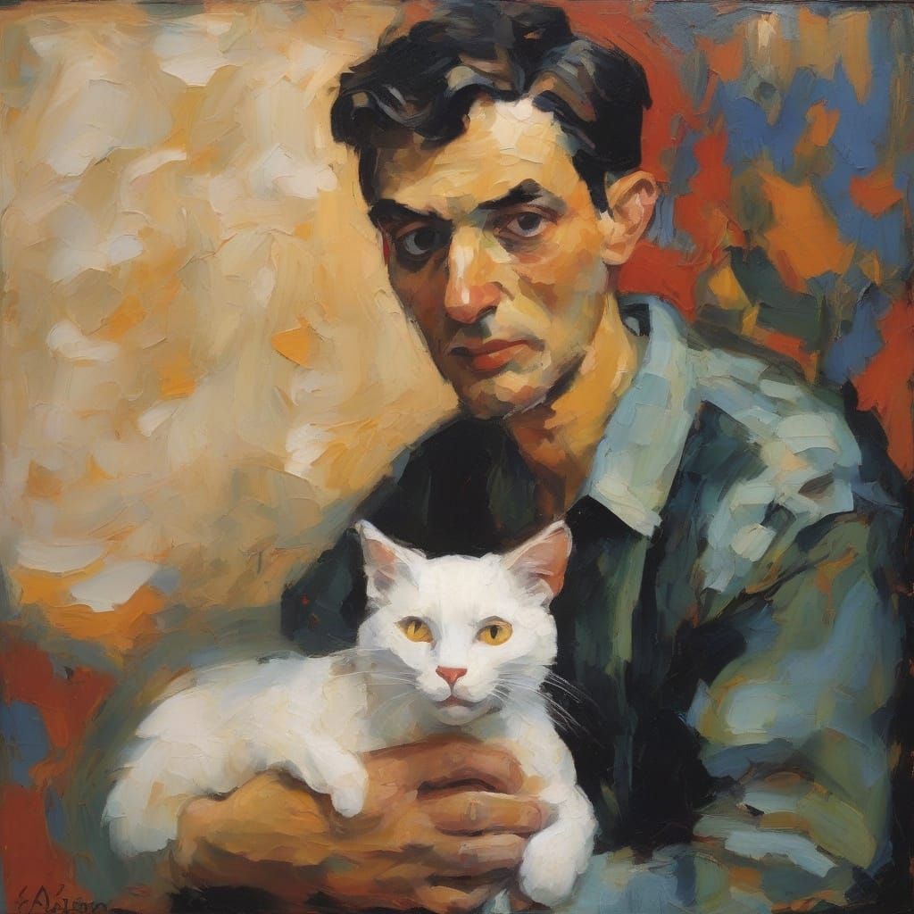 Man Holding Cat in Surreal Expressionist Style