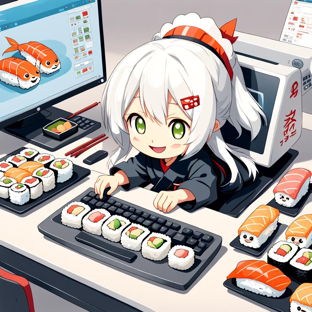 Smiling Sushi Roll on Computer, Anime Style