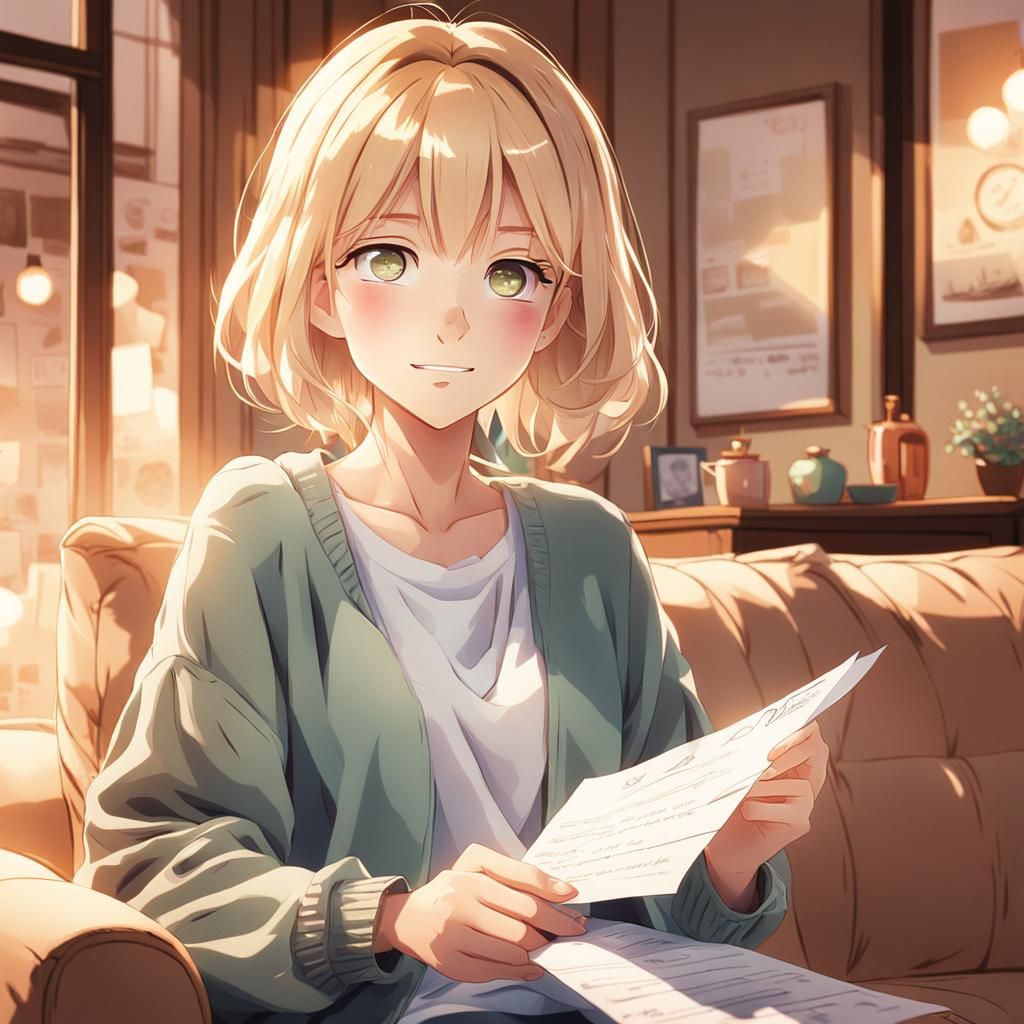 Anime Girl with Letter in Cozy Home
