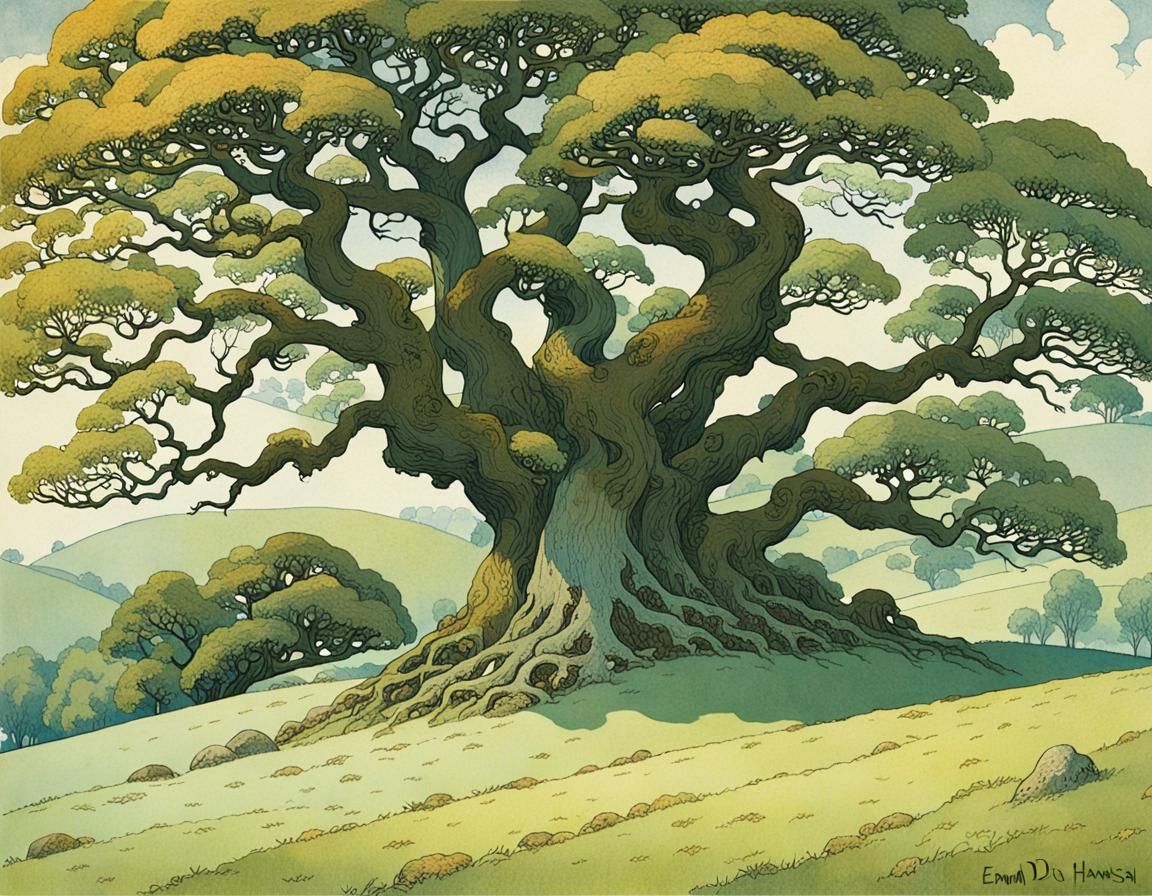 Beech Trees on Hill in Golden Age Illustration Style