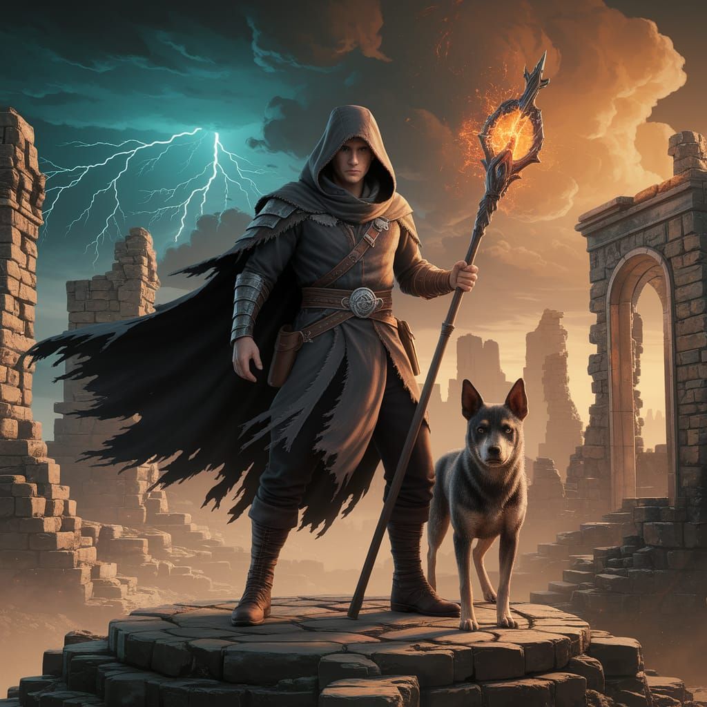 Fantasy Mage and Dog on Crumbling Ruins