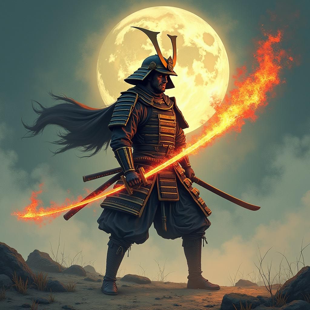 Samurai Warrior with Blazing Sword in Japanese Landscape