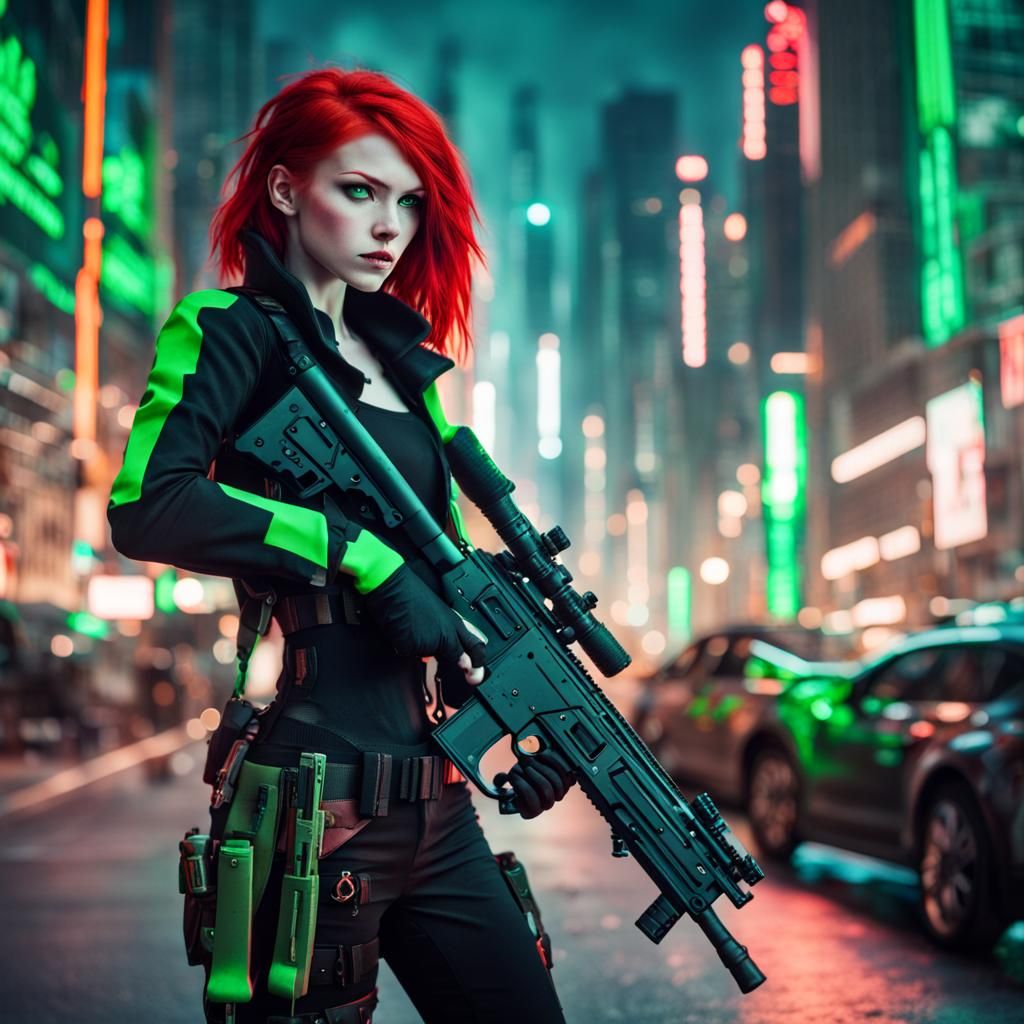 Cyberpunk Girl with Futuristic Sniper Rifle in City