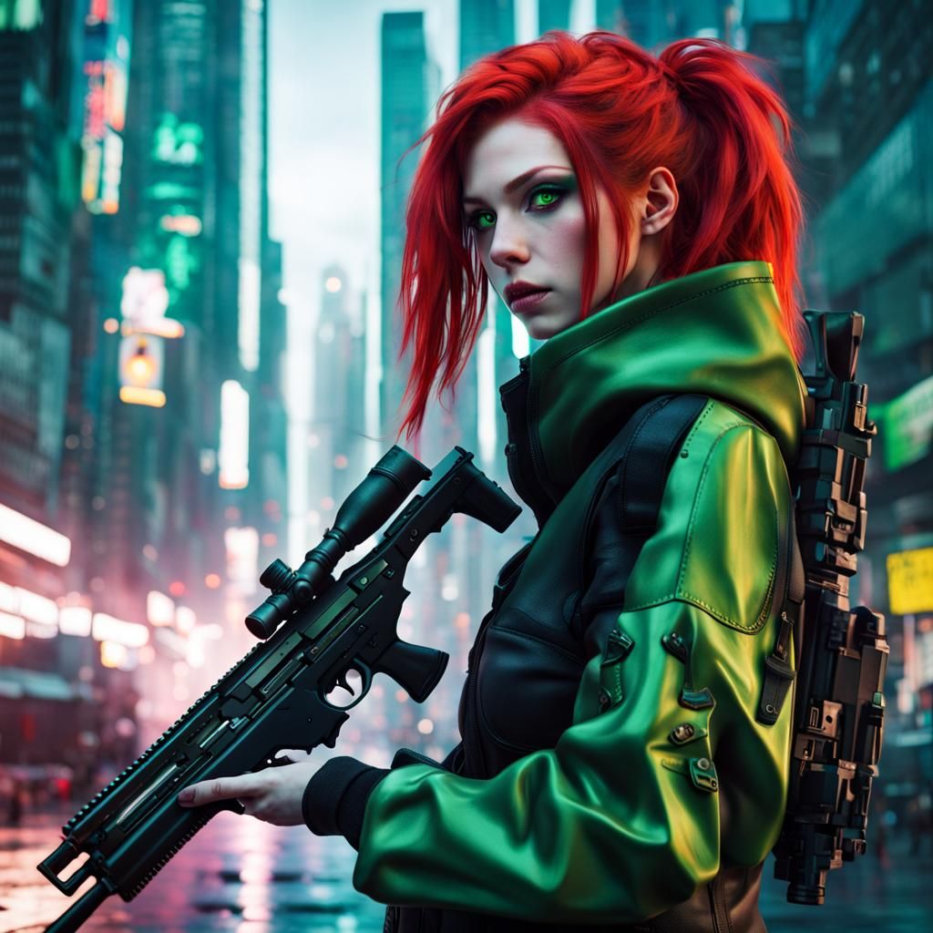 Cyberpunk Girl with Futuristic Rifle in Neon City