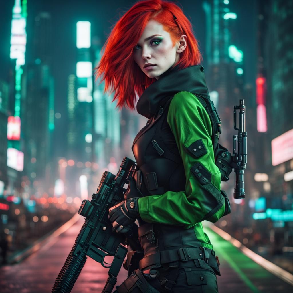 Cyberpunk Girl with Futuristic Rifle in Vibrant City