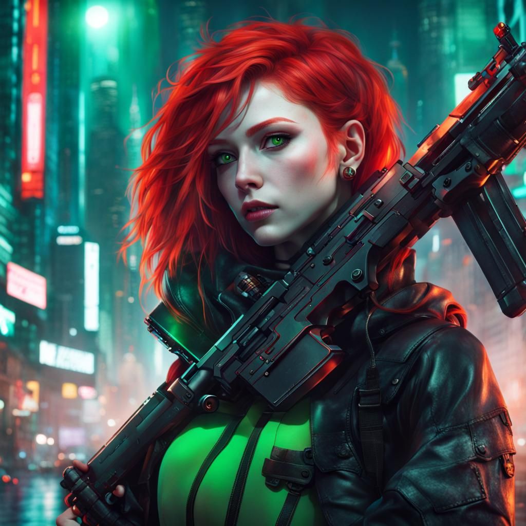 Cyberpunk Girl with Futuristic Rifle in Cityscape