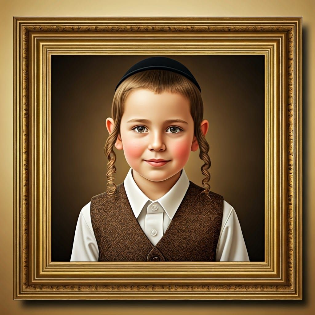 Young Haredi Boy in Elegant Portrait with Golden Frame