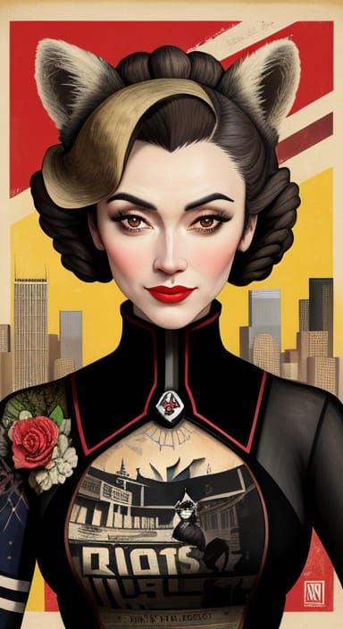 Lady Trash Panda in a World War 2 Cityscape in Neo-Cubist St...