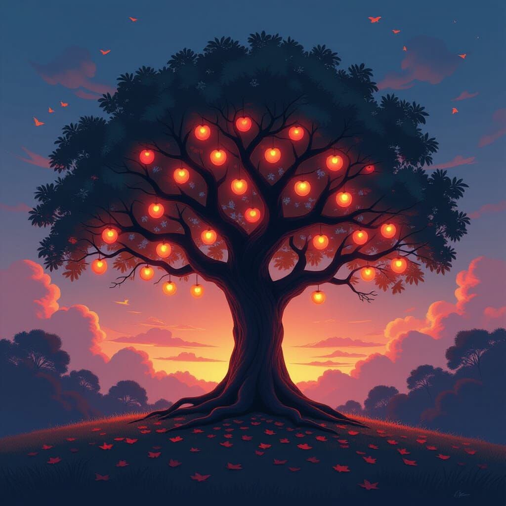 Ancient Tree With Glowing Fruit Under Twilight Sky