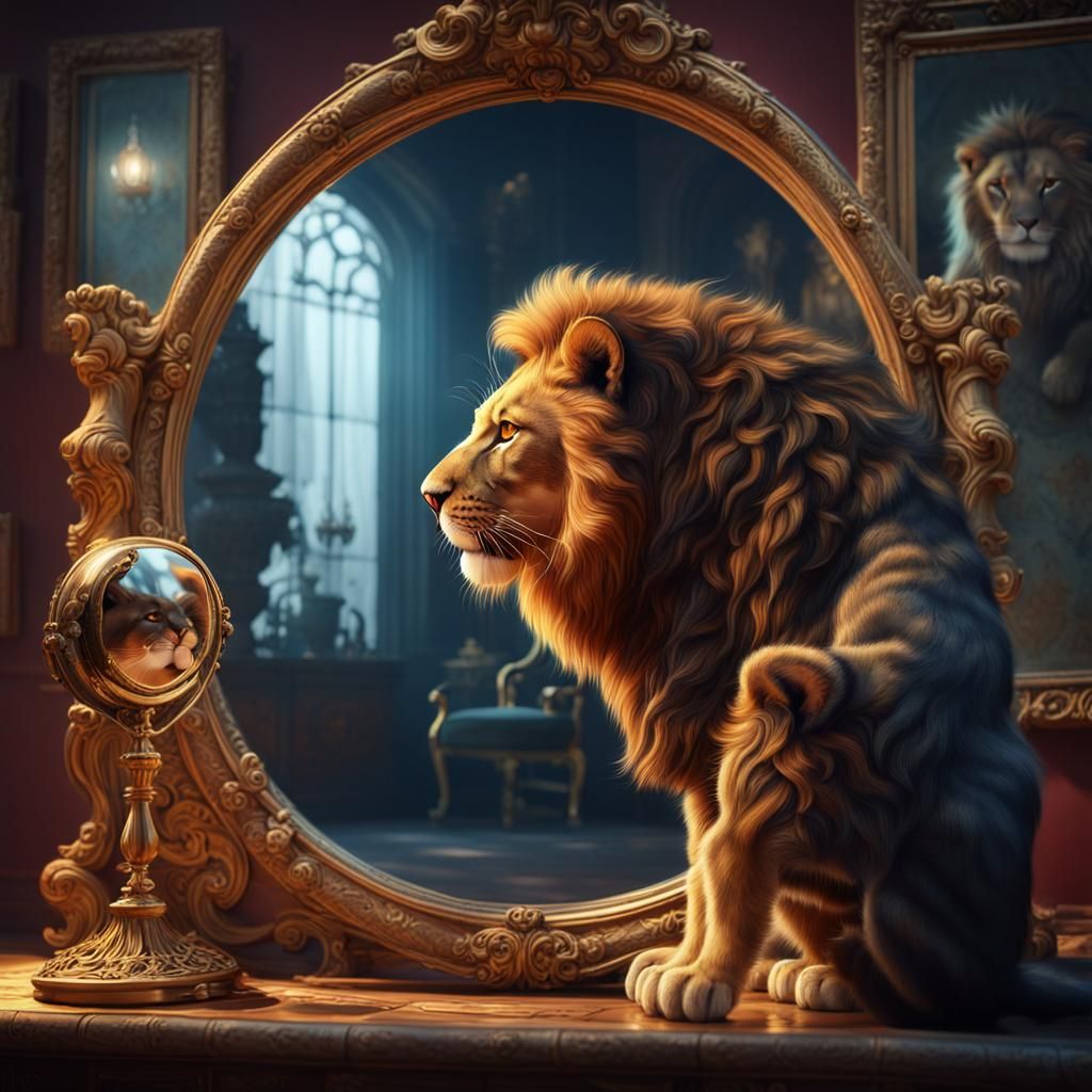 Cat's Dream: Lion Reflection in Dreamlike Art