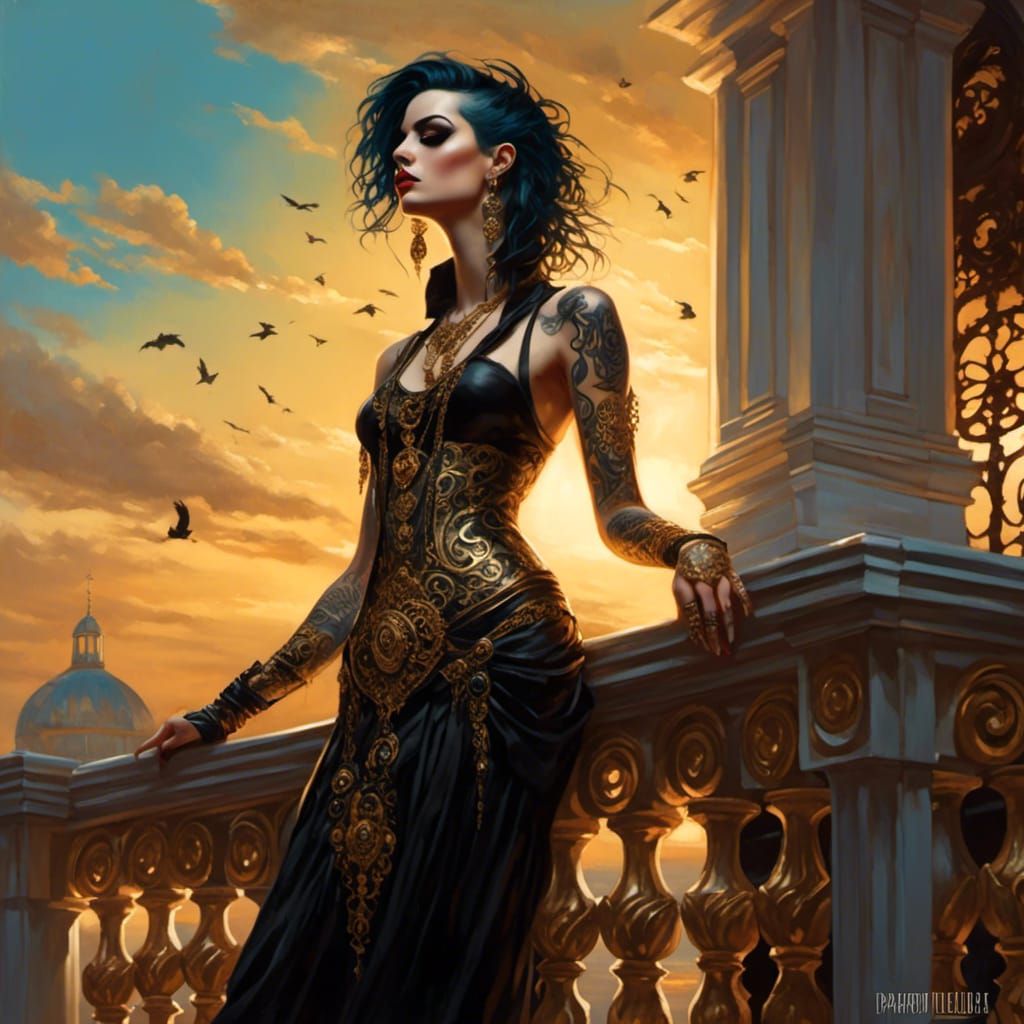 Emo Goddess on Balcony at Golden Hour