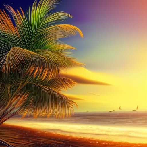 Golden Sunset Beach Scene: Detailed Fantasy Art