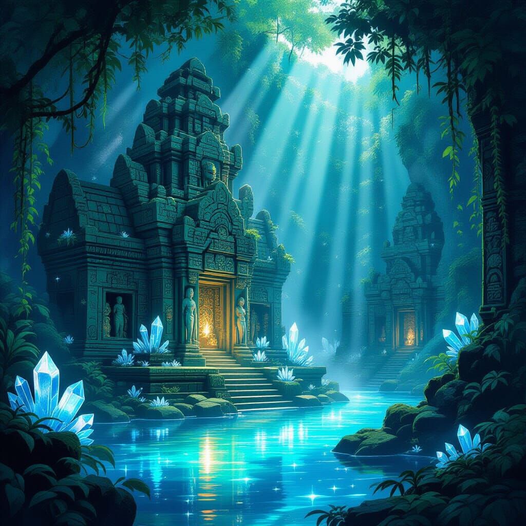 Bioluminescent Jungle Temple with Celestial Carvings
