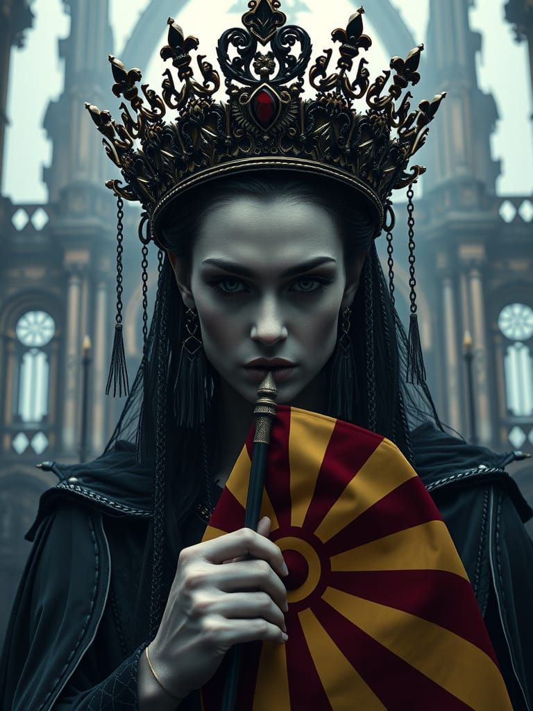 Menacing Vampire Queen with Crown in Gothic Ruins