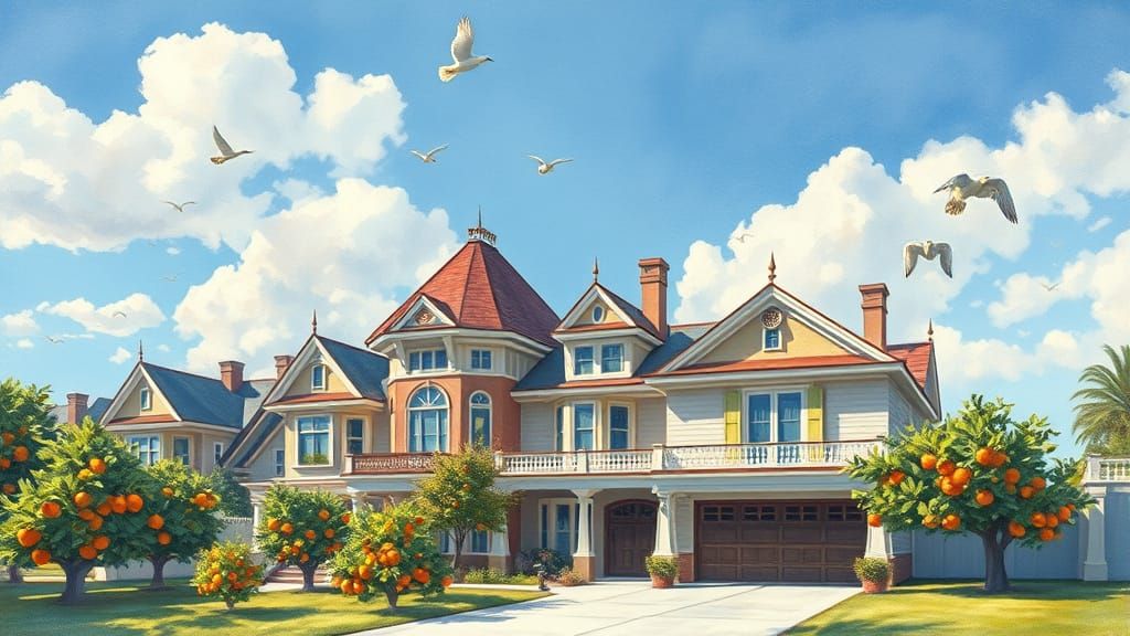 Victorian Luxury Estates Amidst Vibrant Orange Orchards