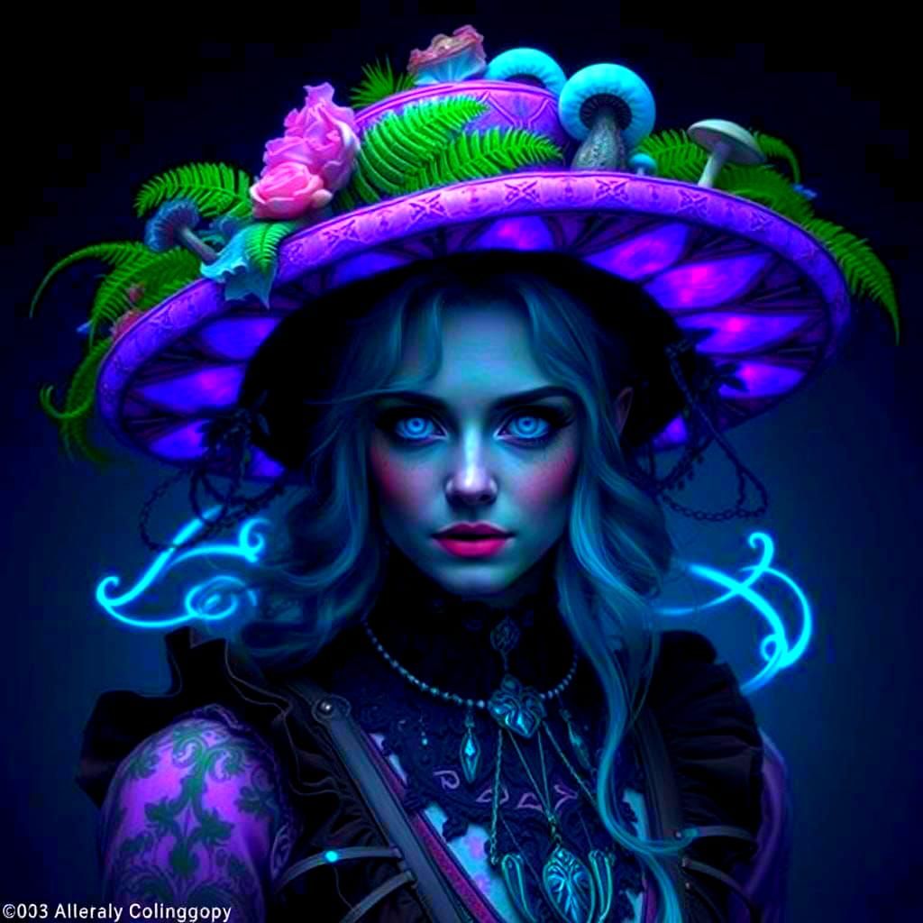 Psychedelic Female Mad Hatter in Bioluminescent Wonderland