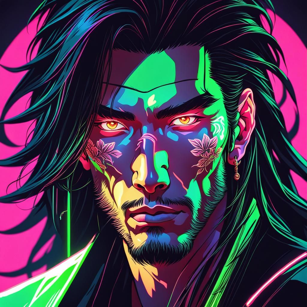 Synthwave Neon Retro Portrait of Chinese Man