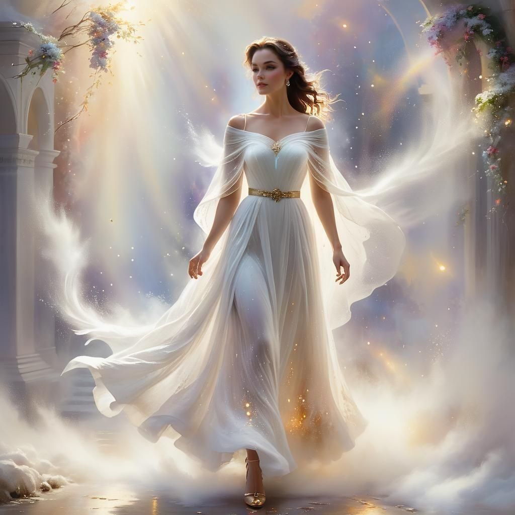 Ethereal Woman in White Dress at Night