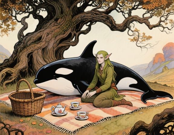 Elf and Orca Tea Party in Whimsical Ink Art Style
