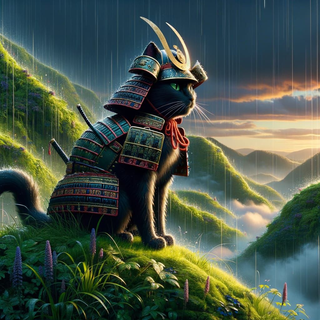 Samurai Cat on Hill in Soft Drizzle