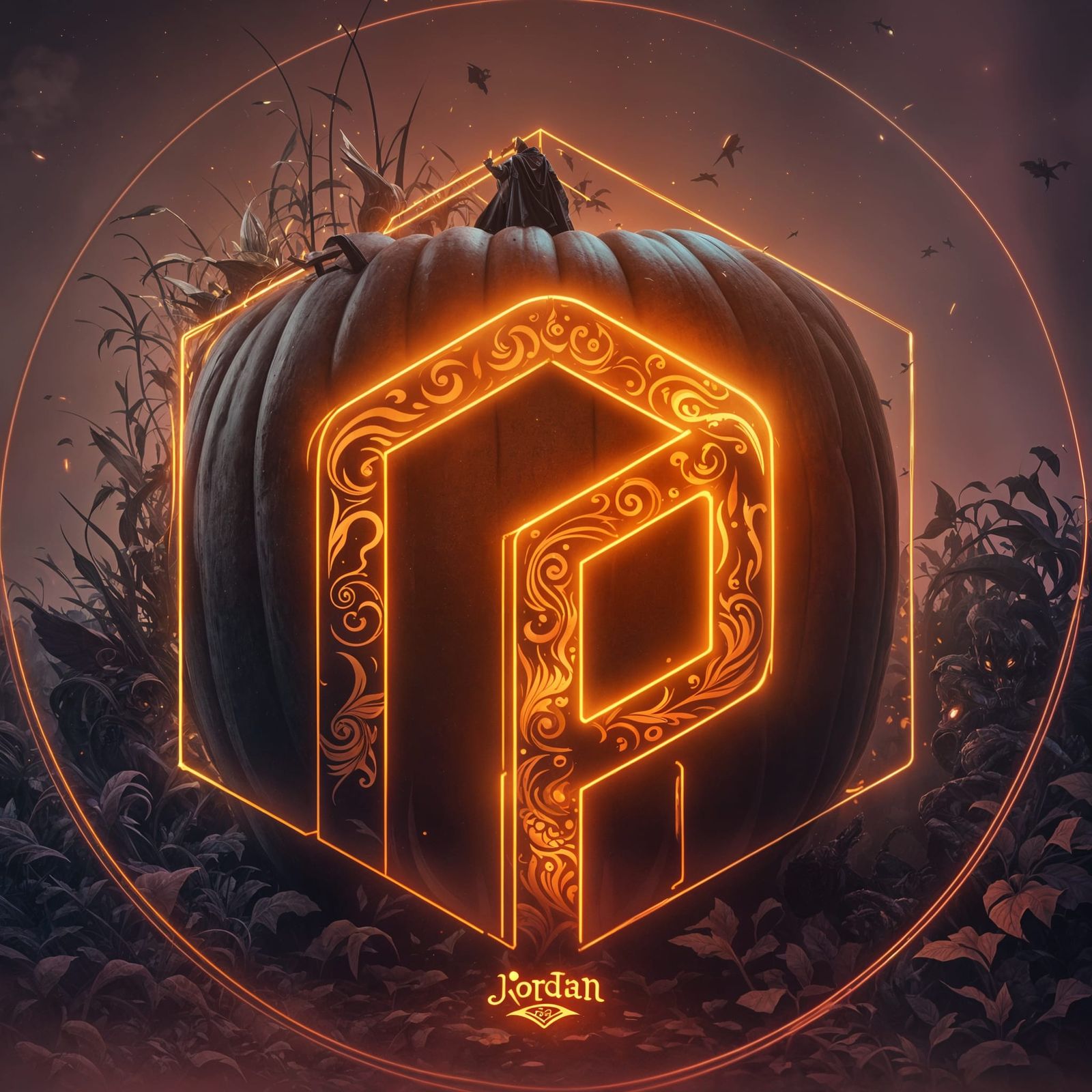 Flaming Pumpkin in Neon City: Dark Fantasy Concept Art