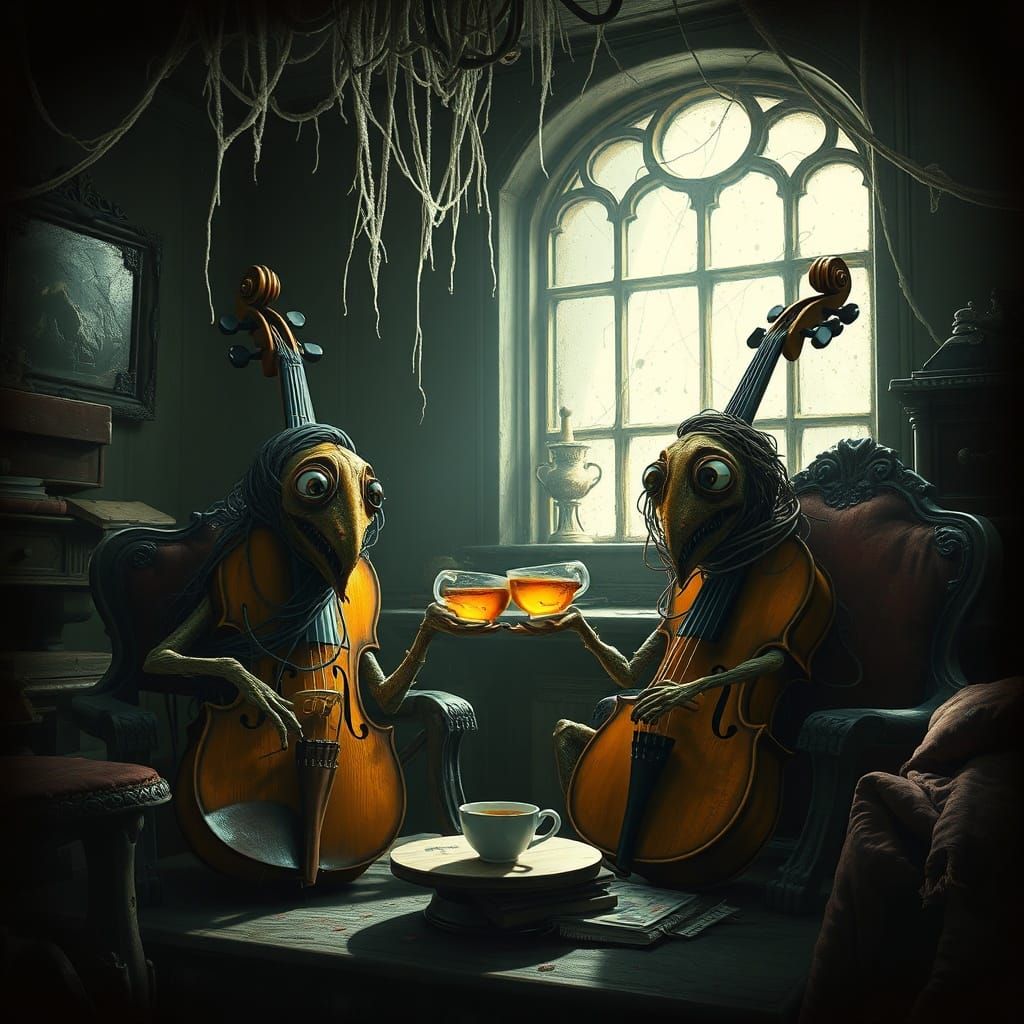 Haunted House Violins Sip Tea in Gothic Surrealist Style
