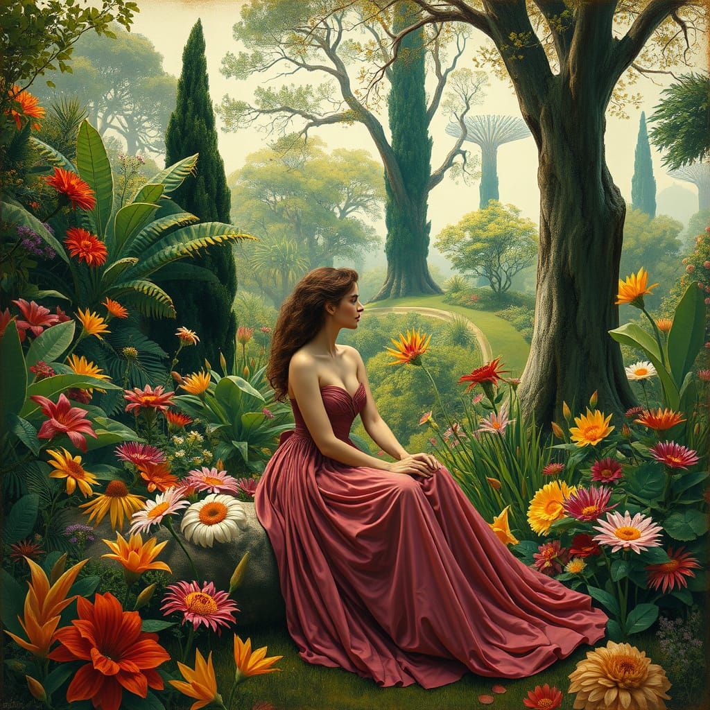 Woman in Garden: Dreamlike Symbolism and Sensual Realism