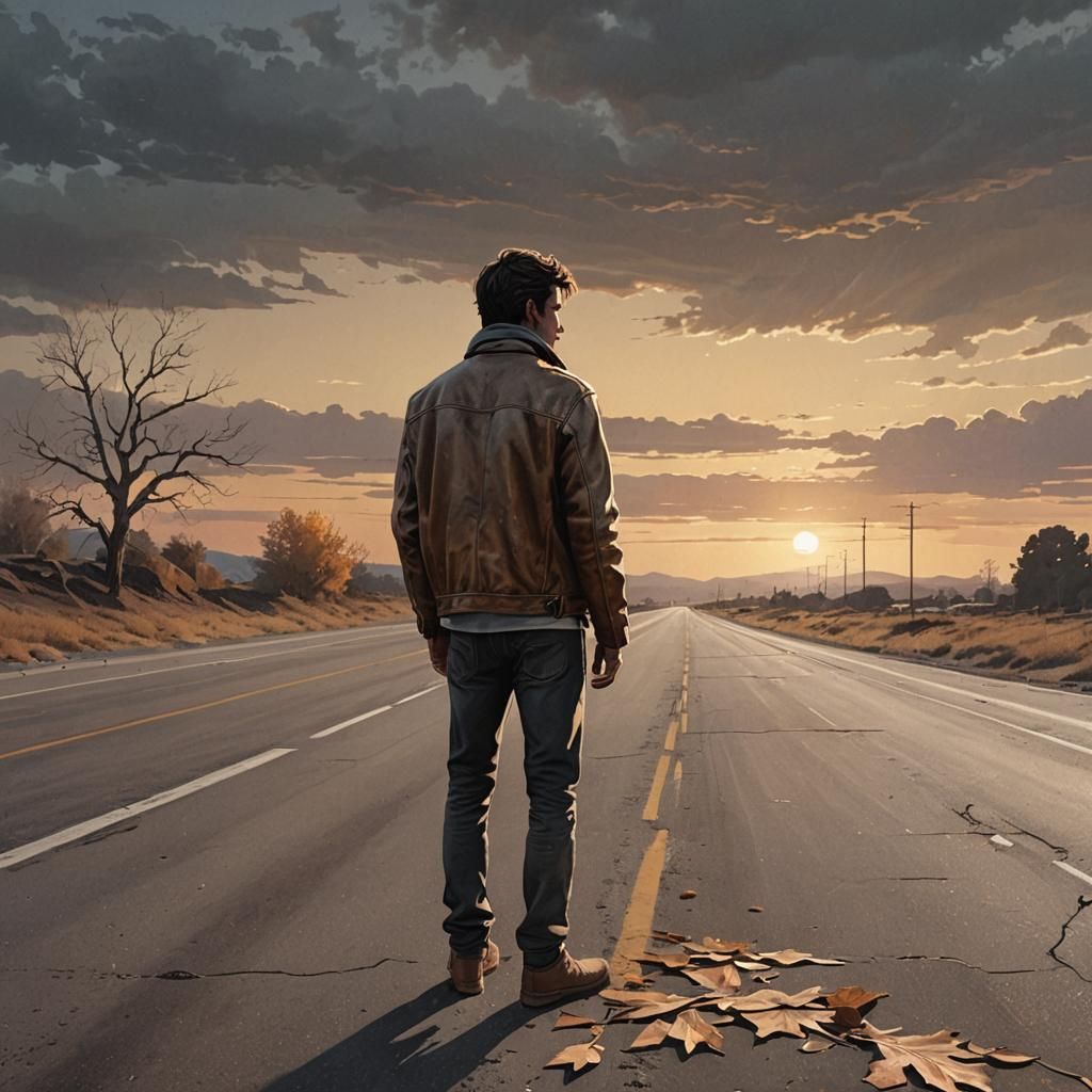 Melancholic Figure on Deserted Highway at Golden Hour