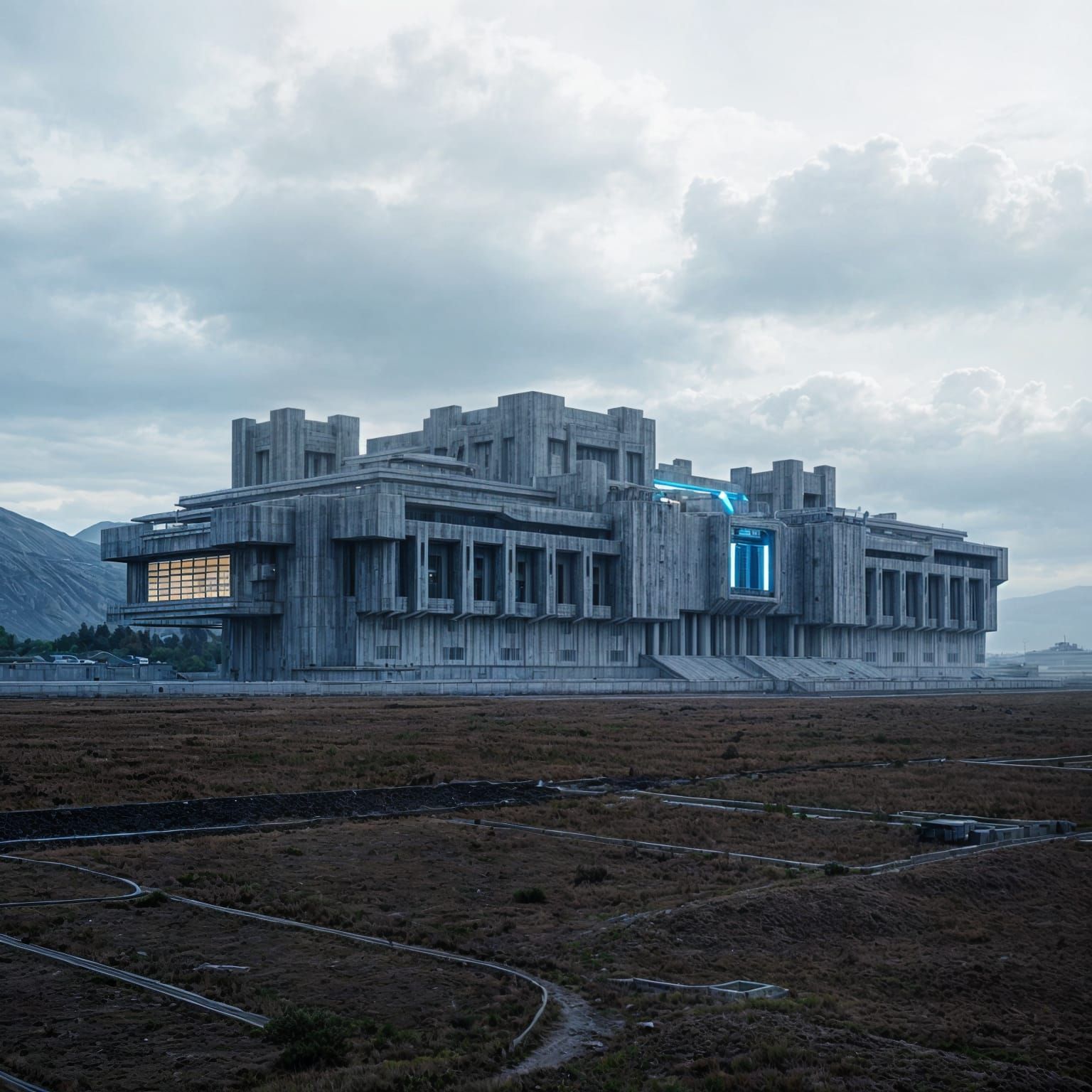 Futuristic Brutalist AI Academy in Landscape