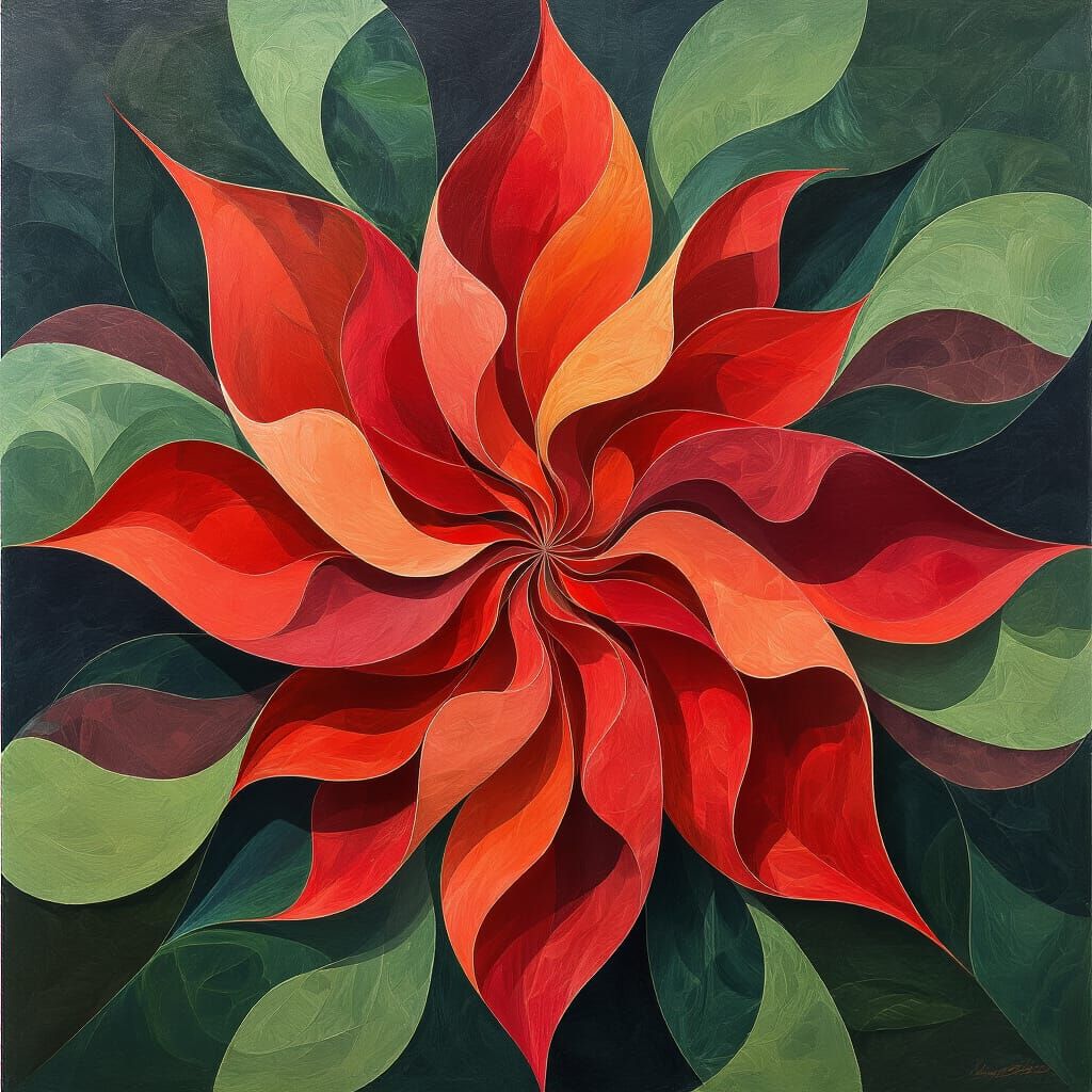 The artwork presents a complex interplay of organic forms an...