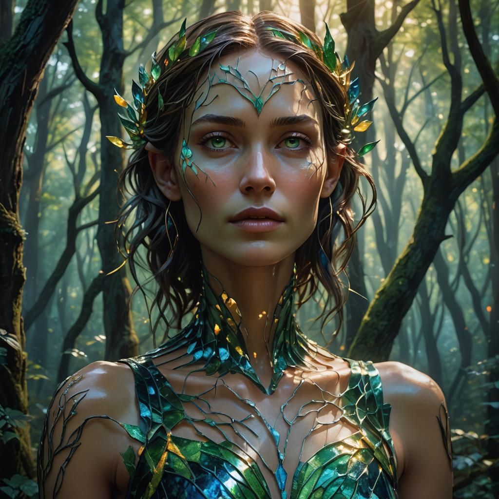 Enameled Glass Sculpture of Woman in Magical Forest