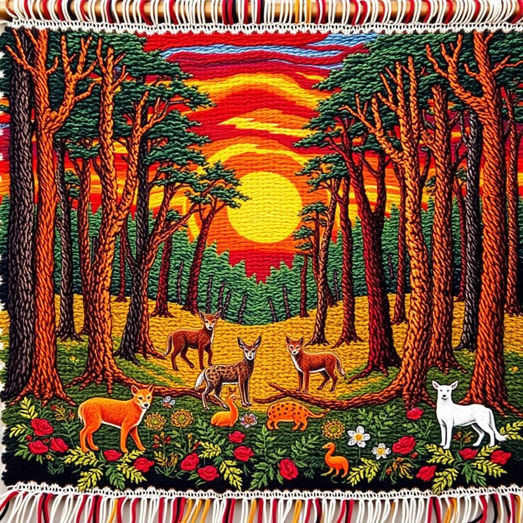 Vibrant Sunset Tapestry Unfolds with Whimsical Forest Creatu...