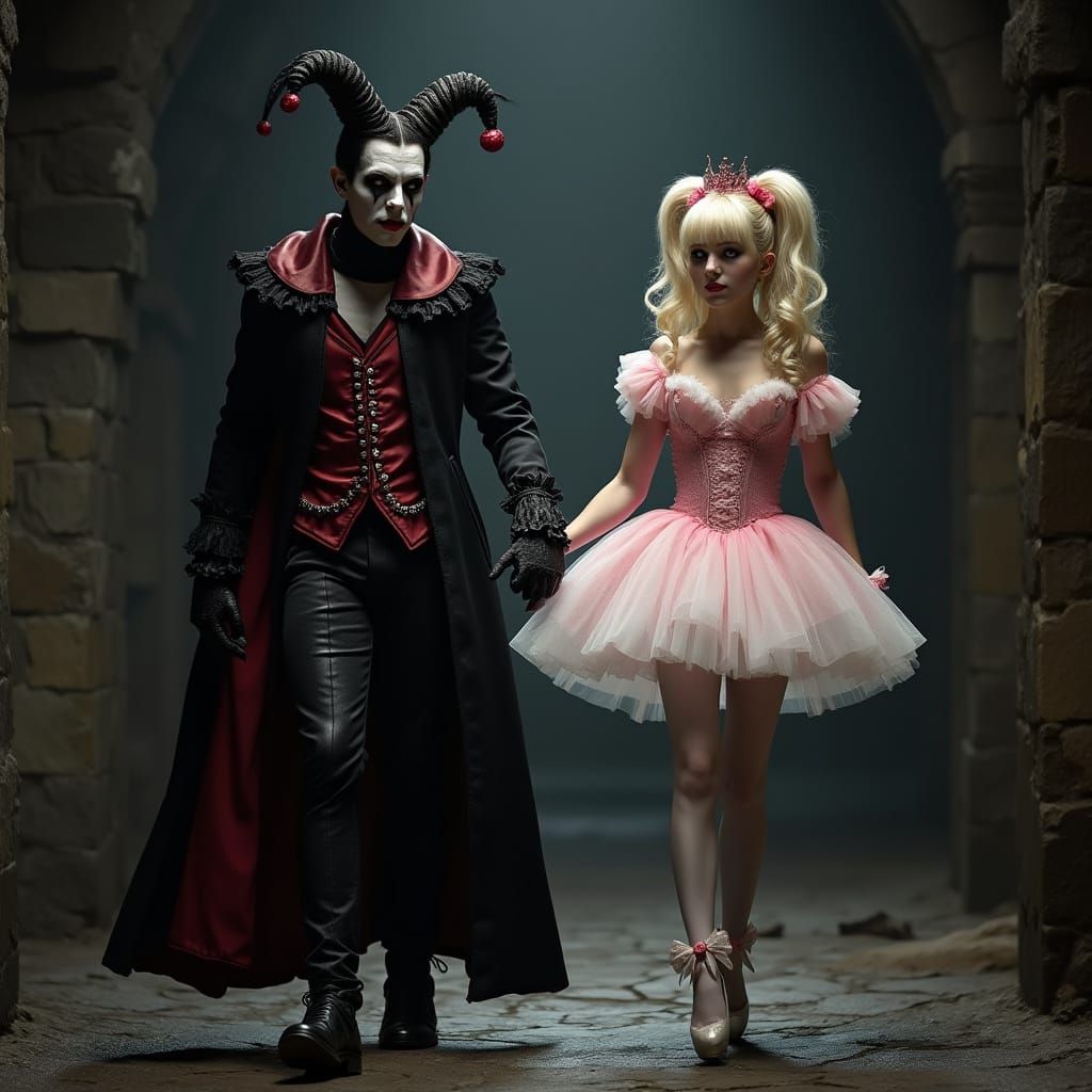 Creepy Jester and Princess in Dark Dungeon