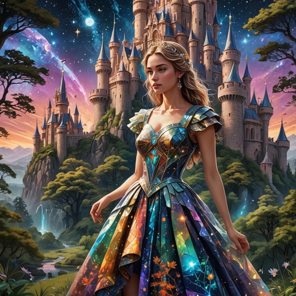 Girl in Gown Before Castle in Mystical Forest