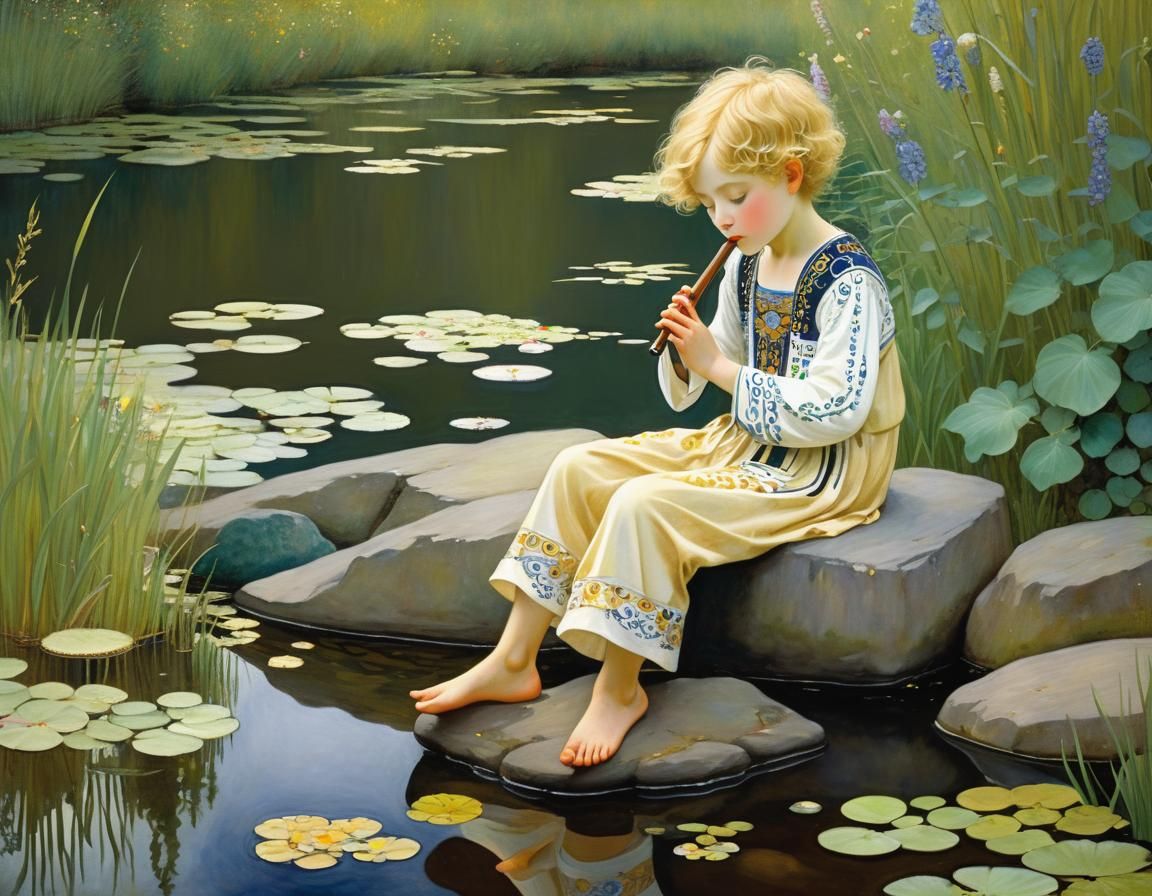 Boy Plays Flute in Art Nouveau Style