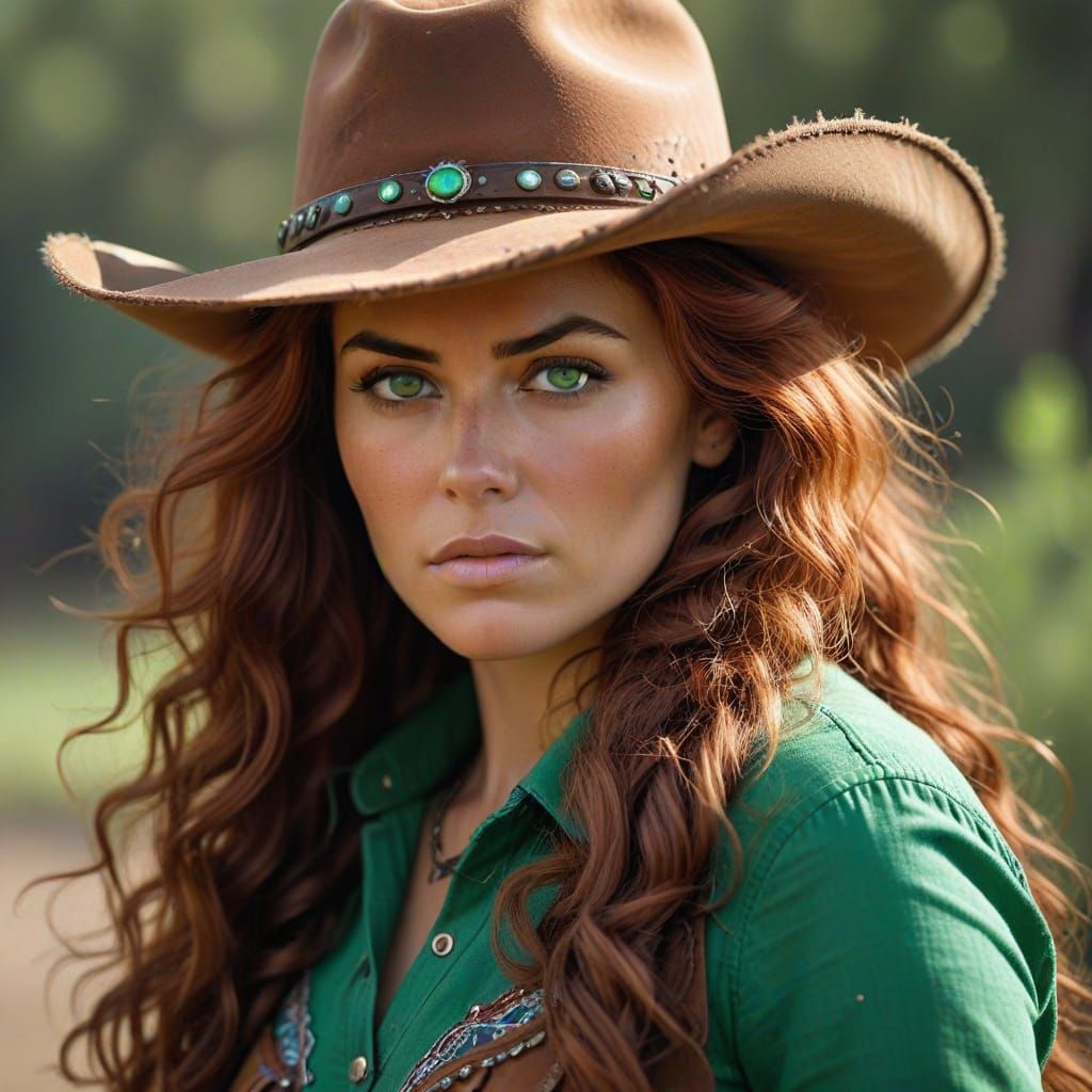 Fierce Cowgirl with Glowing Green Eyes in Old West Style