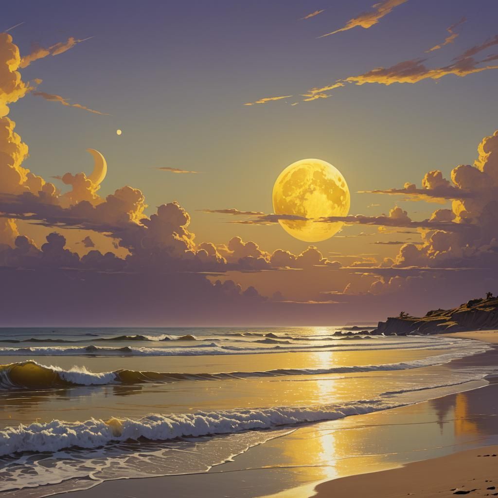 Golden Moon Over Tranquil Sea: Dreamlike Concept Art