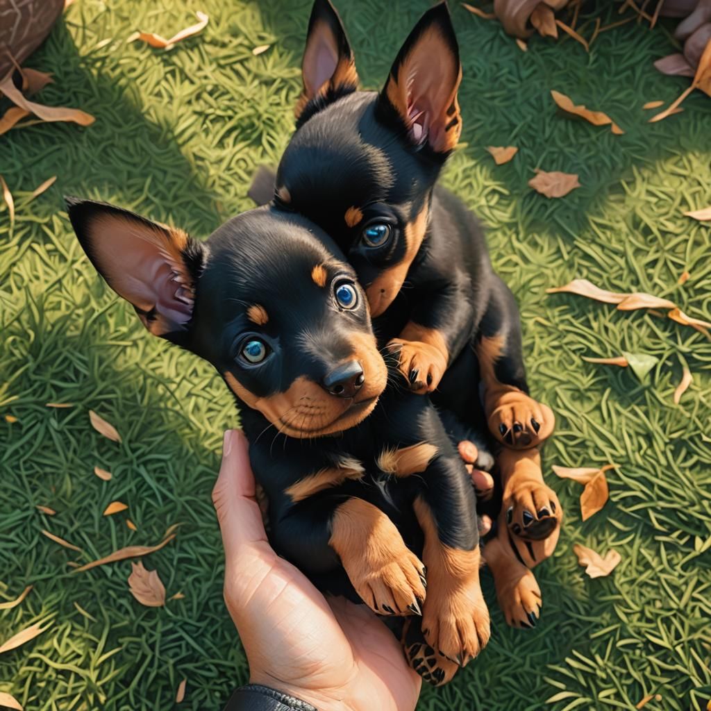 Doberman Puppy Held in Hands: Fantasy Concept Art