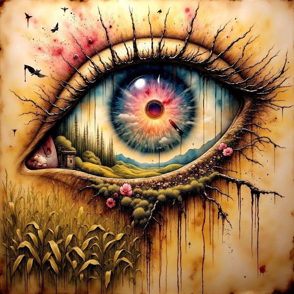 Surreal Landscape with Double-Exposed Eye in Oil Painting St...
