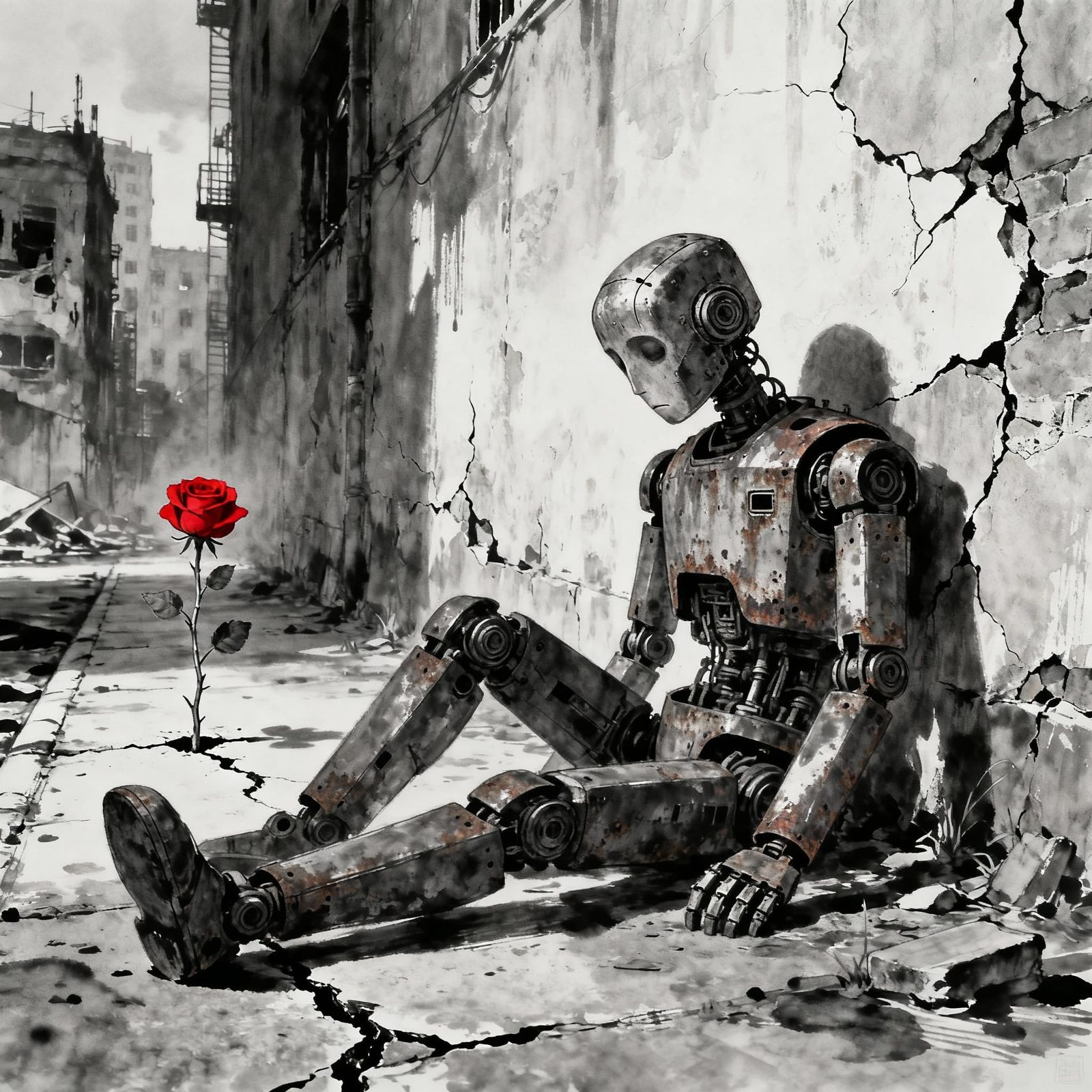 Melancholic Robot in Post-Apocalyptic City with Rose