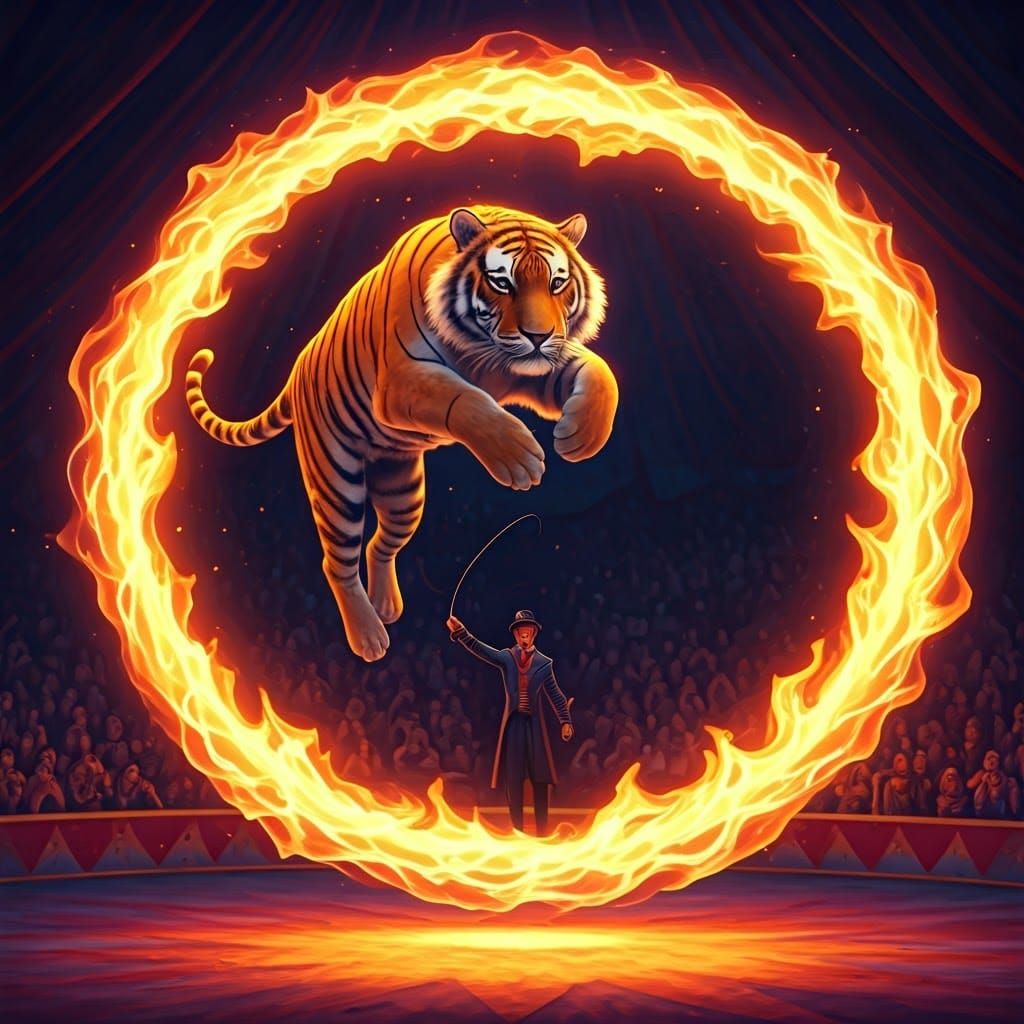 Fiery Tiger Leap in Circus Spectacle
