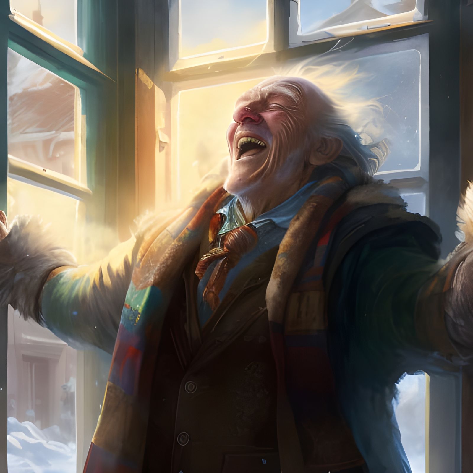 Smiling Ebenezer Scrooge Embraces Christmas Cheer